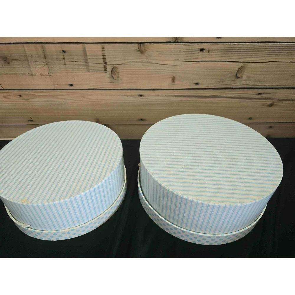 Vintage Style Round Nesting Hat Boxes Light Blue Stripes Polka Dots Set of 2